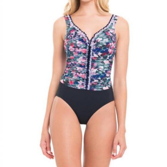 Profile by Gottex Ruched Floral Ruffle Romeo/Juliette One Piece Swimsuit Size 12 - Picture 1 of 10